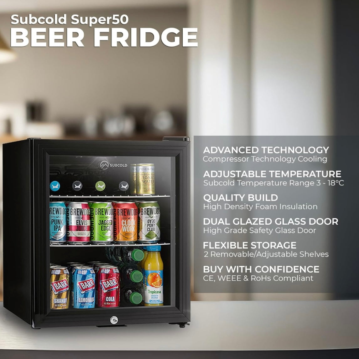 50 Litre Drinks Glass Door Fridge - Black