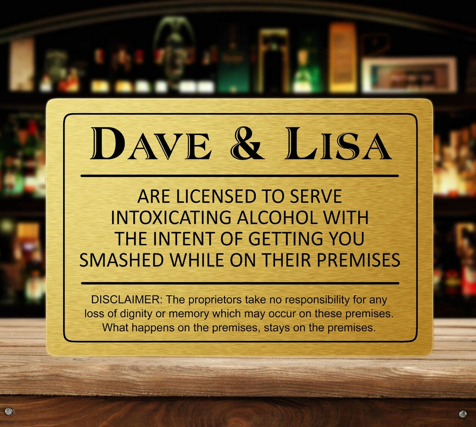 Funny Personalised Metal Bar Sign Gold