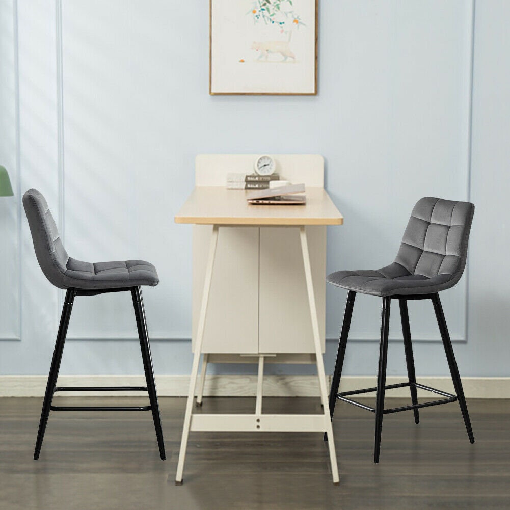 Set of 2 Grey Velvet Bar Stools