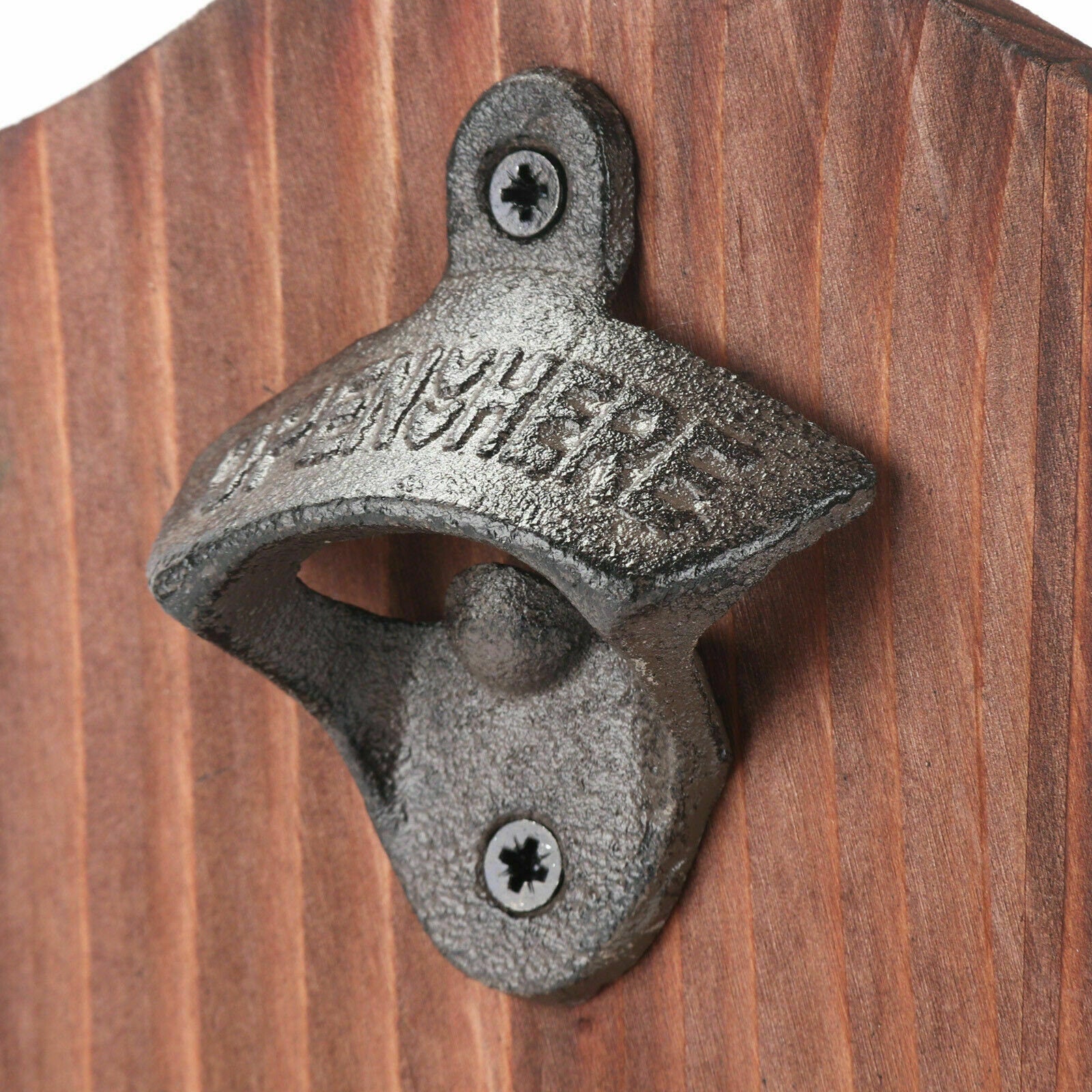 Retro Rustic Wooden Bottle Opener Gadget with Cap Catcher.
