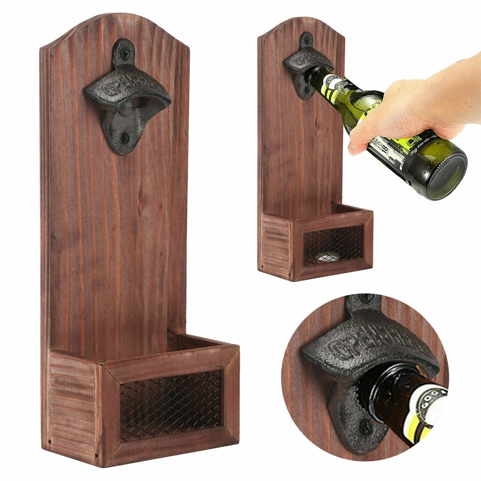 Retro Rustic Wooden Bottle Opener Gadget with Cap Catcher.