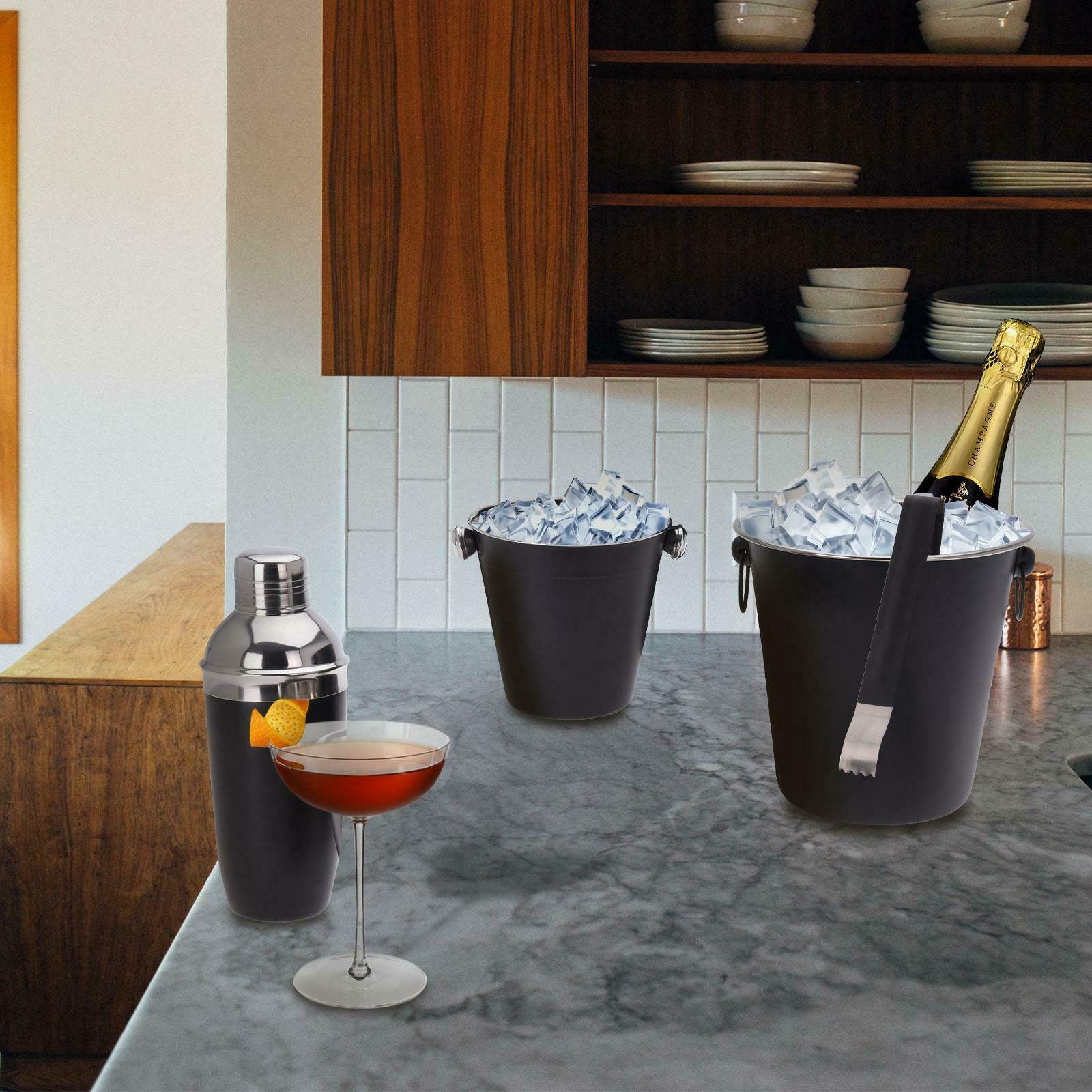 black cocktail shaker set ice bucket ice tongs