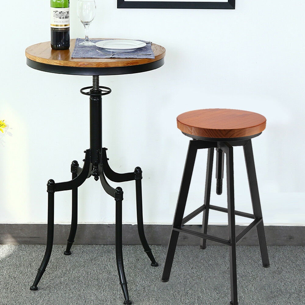 2x Vintage Industrial Bar Stools Chair Retro Kitchen Counter Wooden Seat Pub.