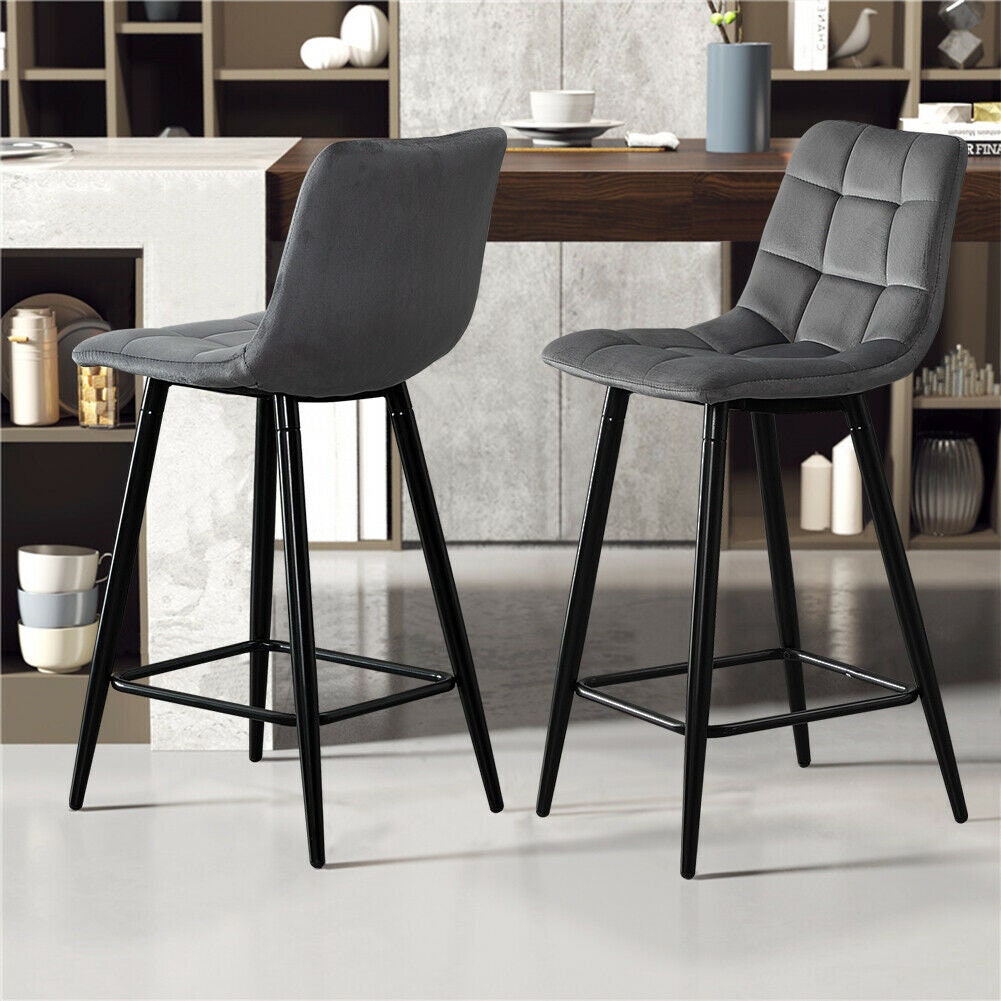 Set of 2 Grey Velvet Bar Stools
