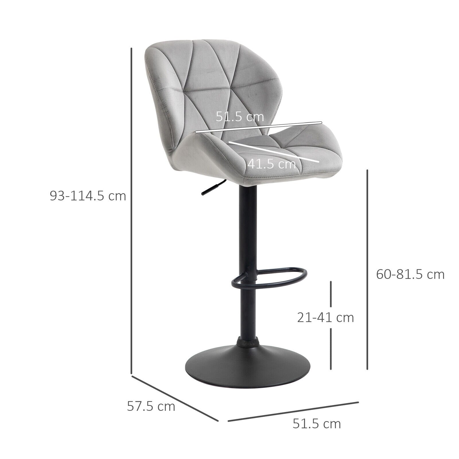 Bar Stool Set of 2 Fabric Adjustable Height Counter Chairs Light Grey.