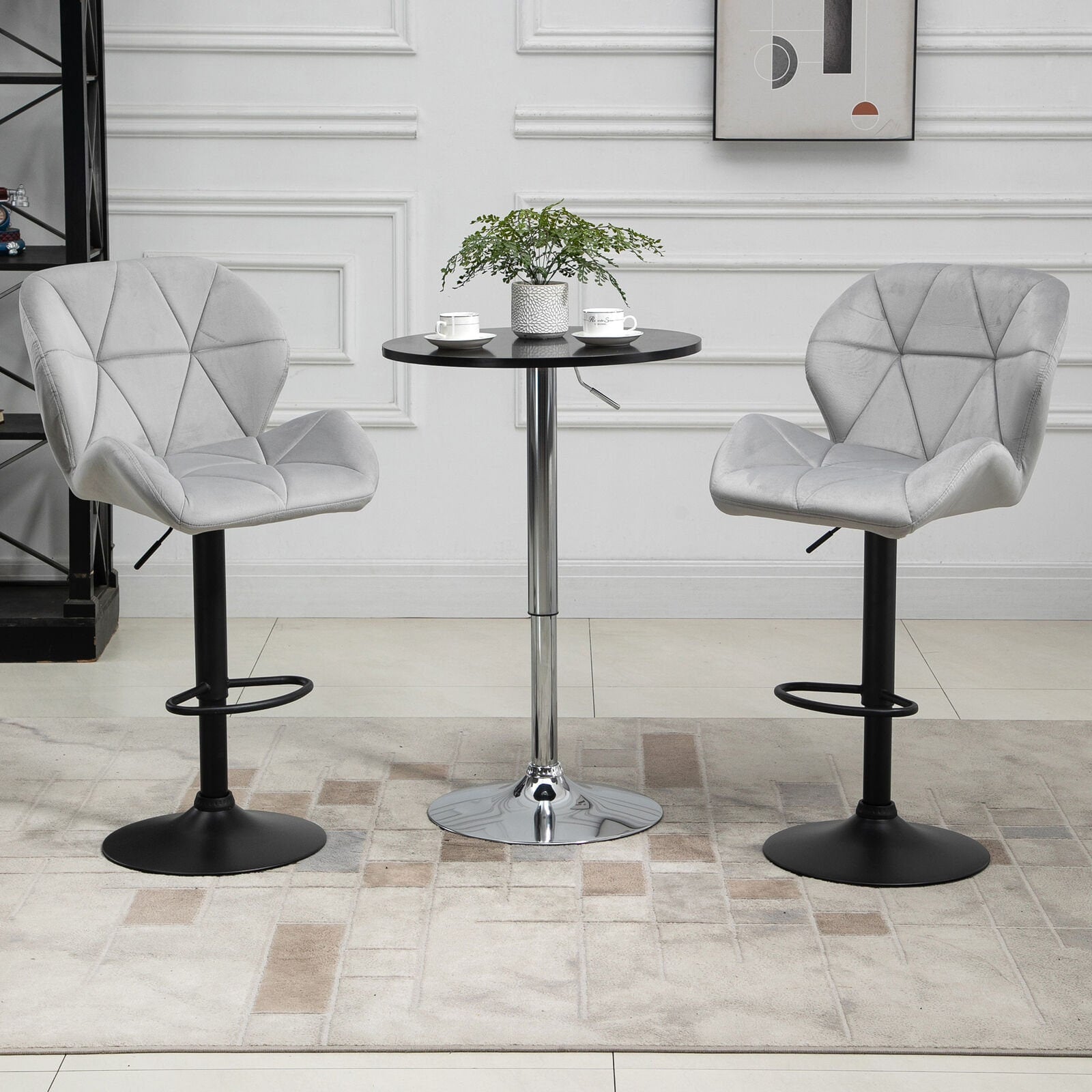 Bar Stool Set of 2 Fabric Adjustable Height Counter Chairs Light Grey.