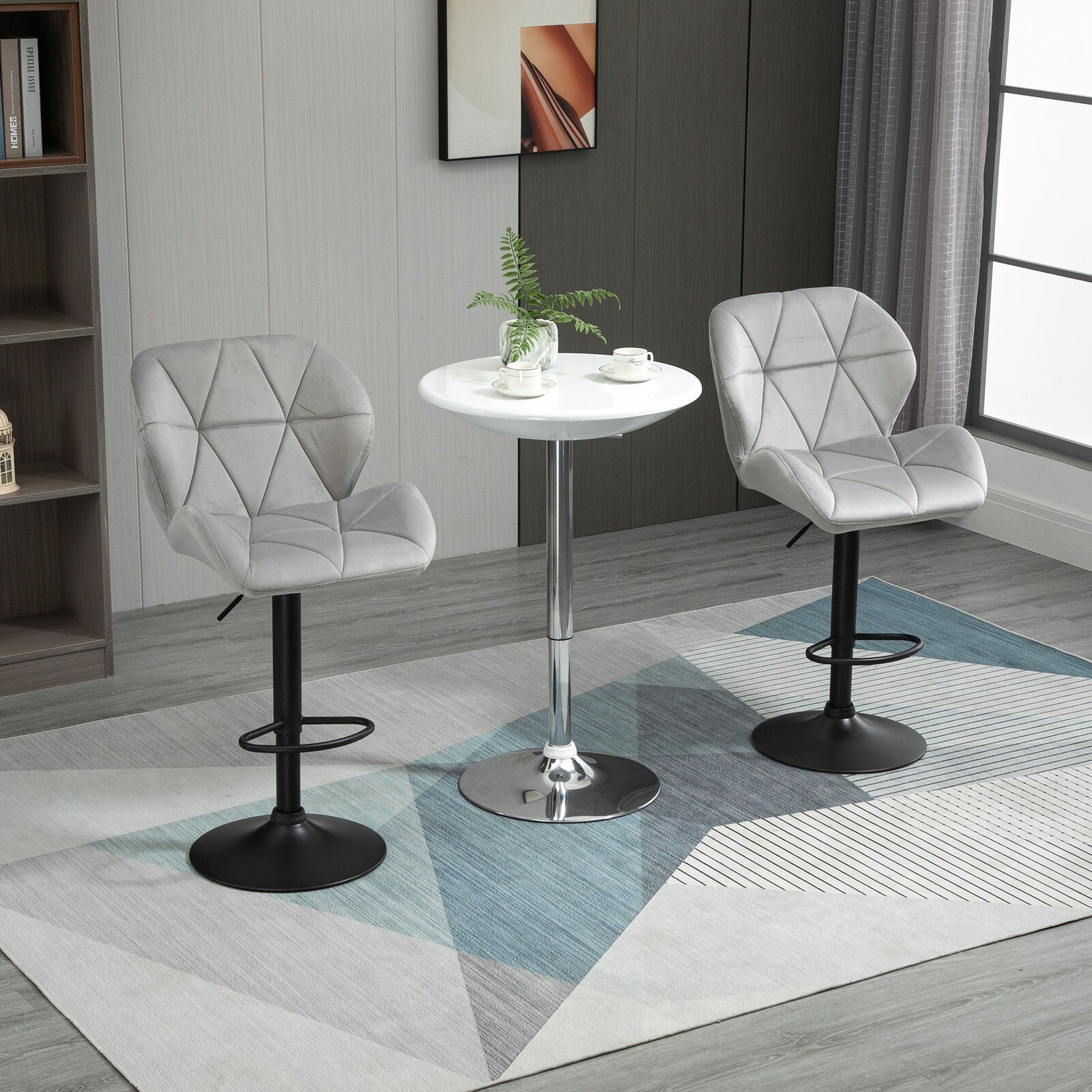 Bar Stool Set of 2 Fabric Adjustable Height Counter Chairs Light Grey.