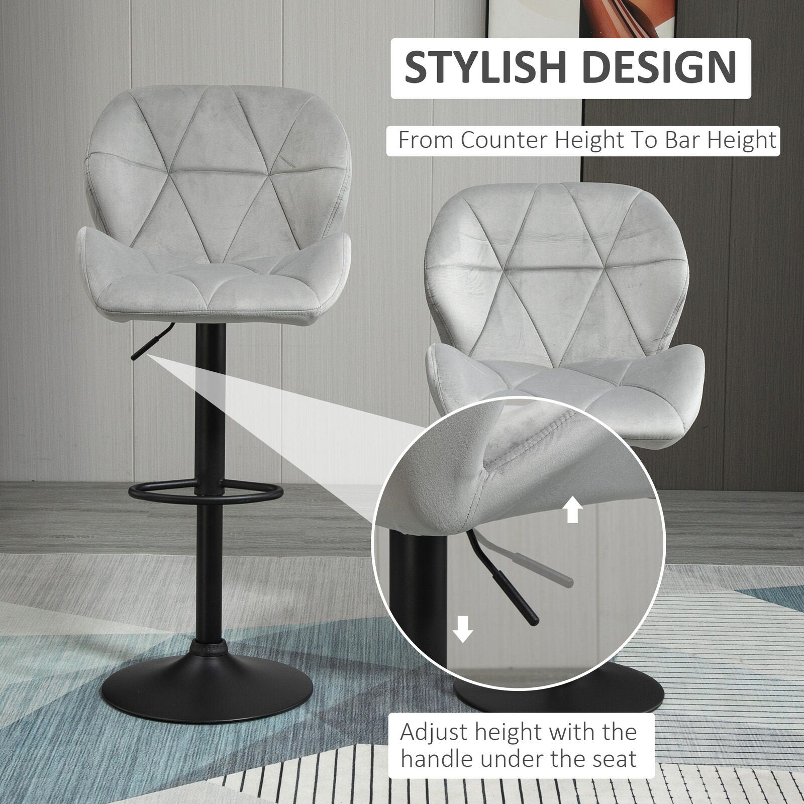 Bar Stool Set of 2 Fabric Adjustable Height Counter Chairs Light Grey.