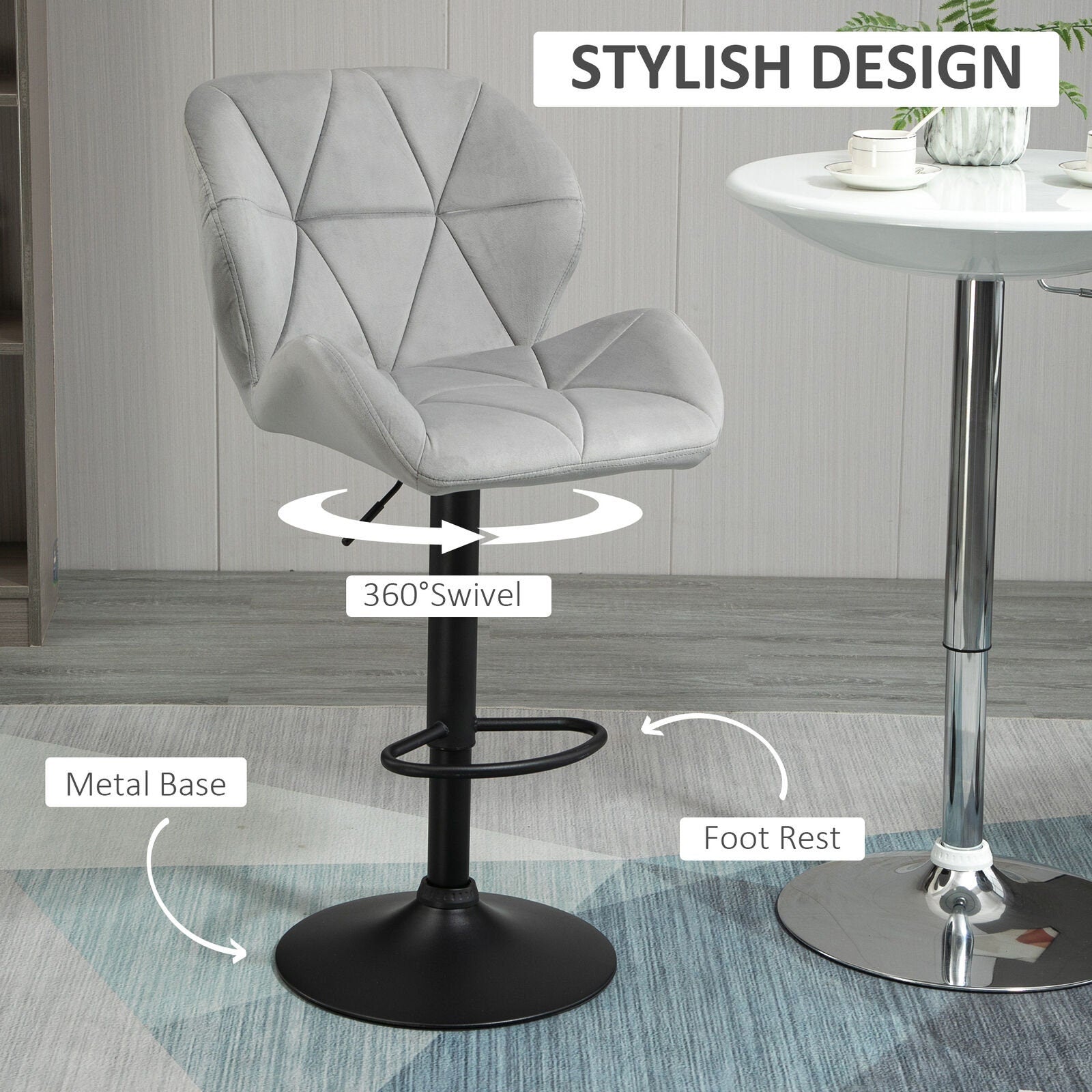Bar Stool Set of 2 Fabric Adjustable Height Counter Chairs Light Grey.