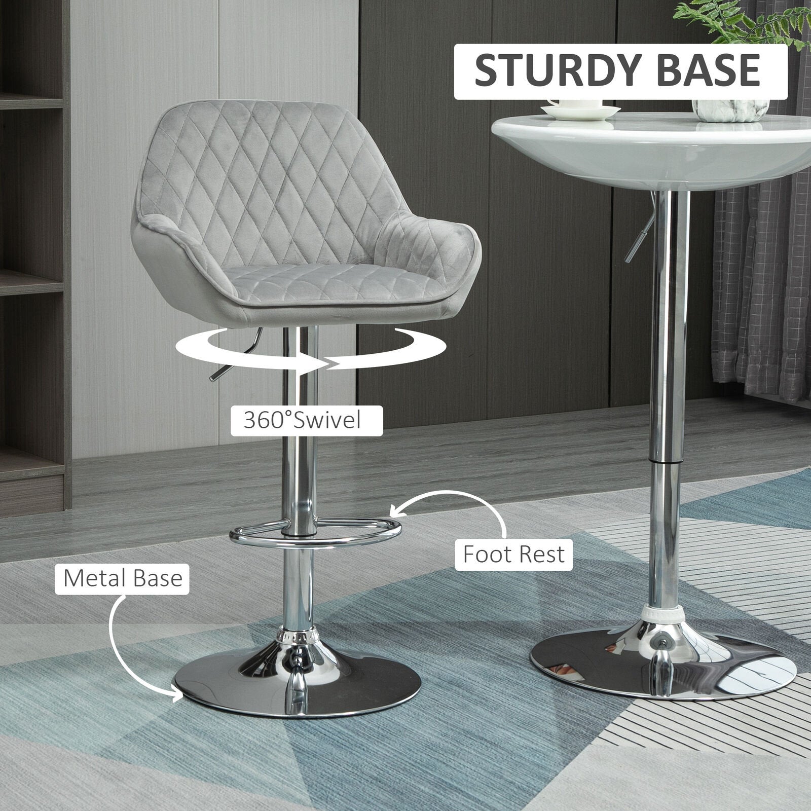Velvet Bar Stool Adjustable Height with Footrest, Armrest, Grey