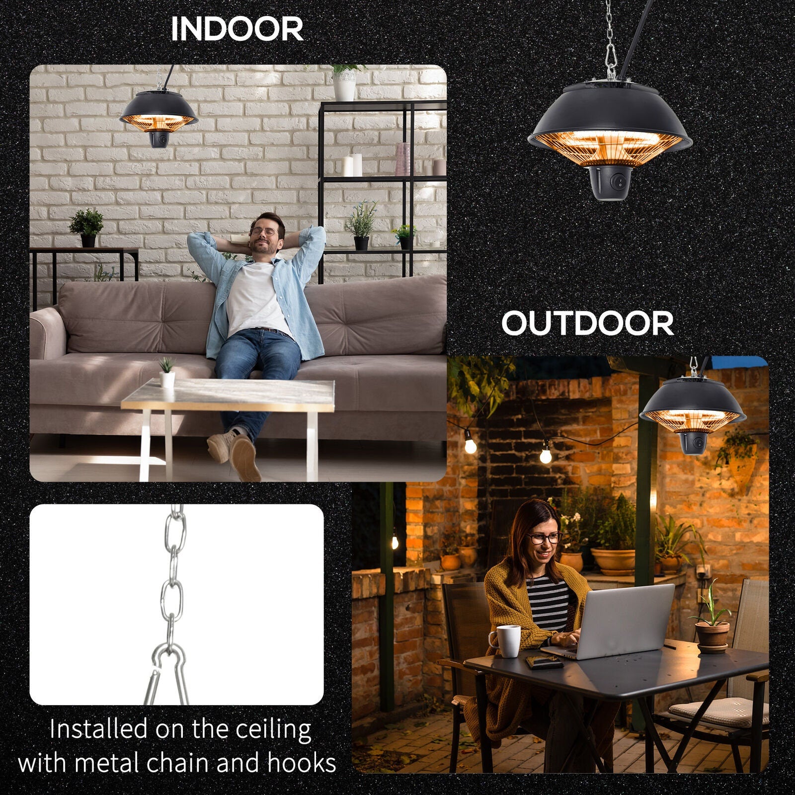 Patio Ceiling Heater Hanging Indoor Tent Halogen Outdoor Electric Black 600W