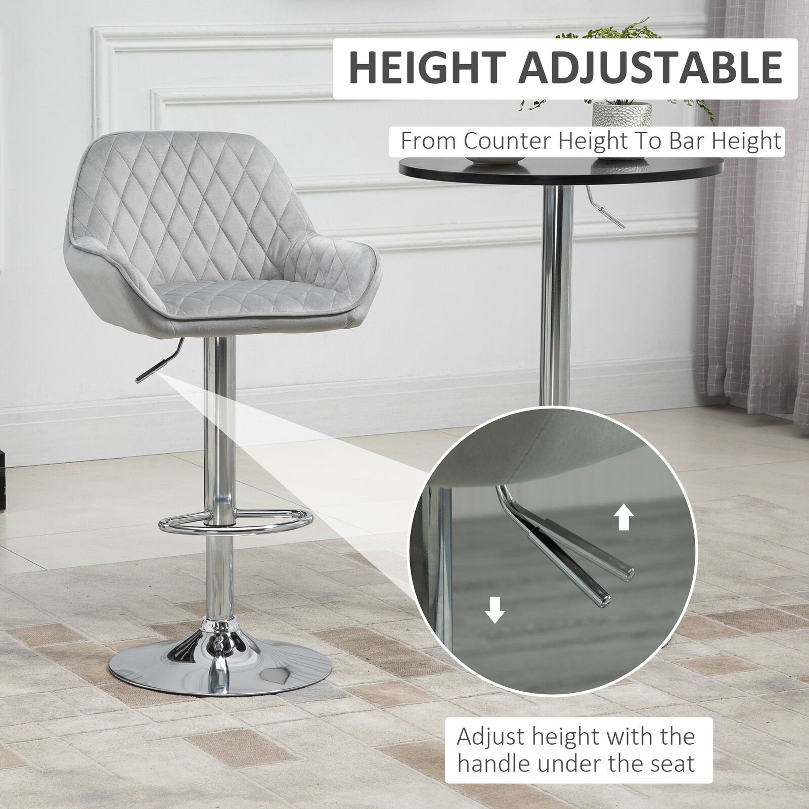 Velvet Bar Stool Adjustable Height with Footrest, Armrest, Grey