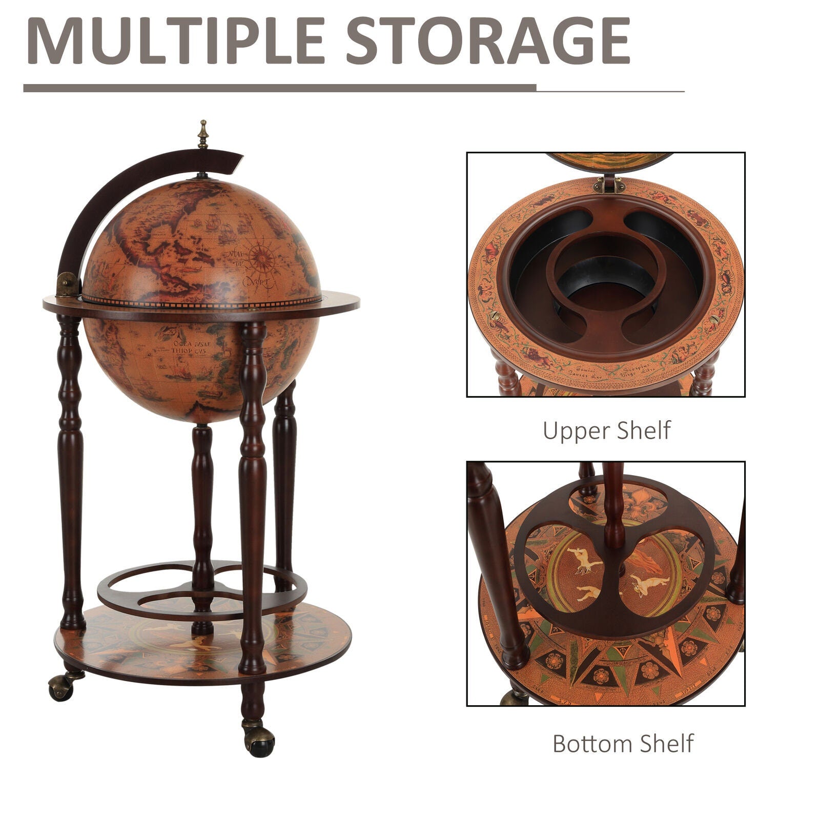 Globe Shaped Retro Style Bar Cabinet Wine Alcohol Storage Trolley Glass.