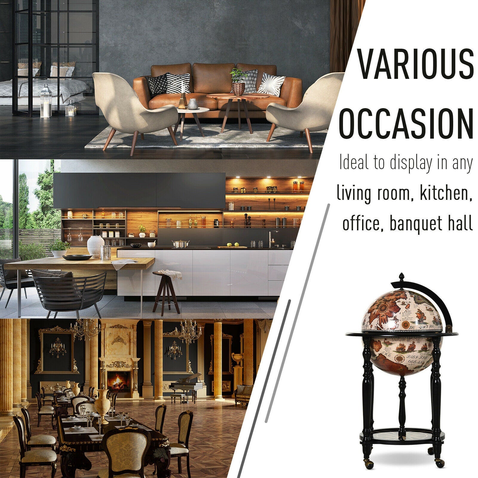Globe Retro Style Mini Bar Drink Cabinet Movable Wine Beverage Trolley