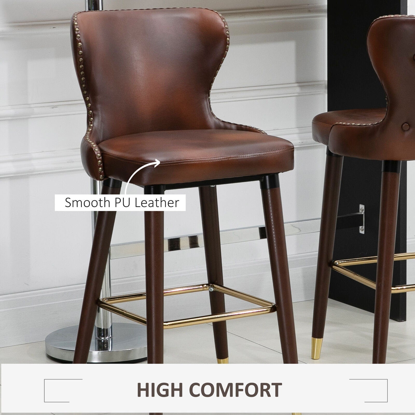 luxury brown leather bar chairs pub seats with gold feet