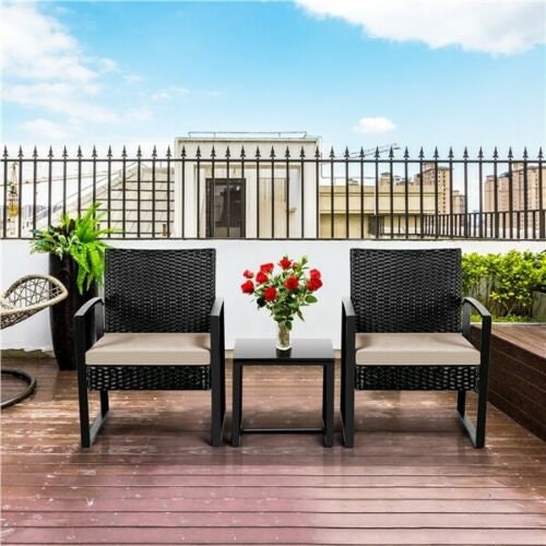 Rattan Garden Furniture Sets Weaving Wicker Chairs and Table Outdoor w/ Cushions 