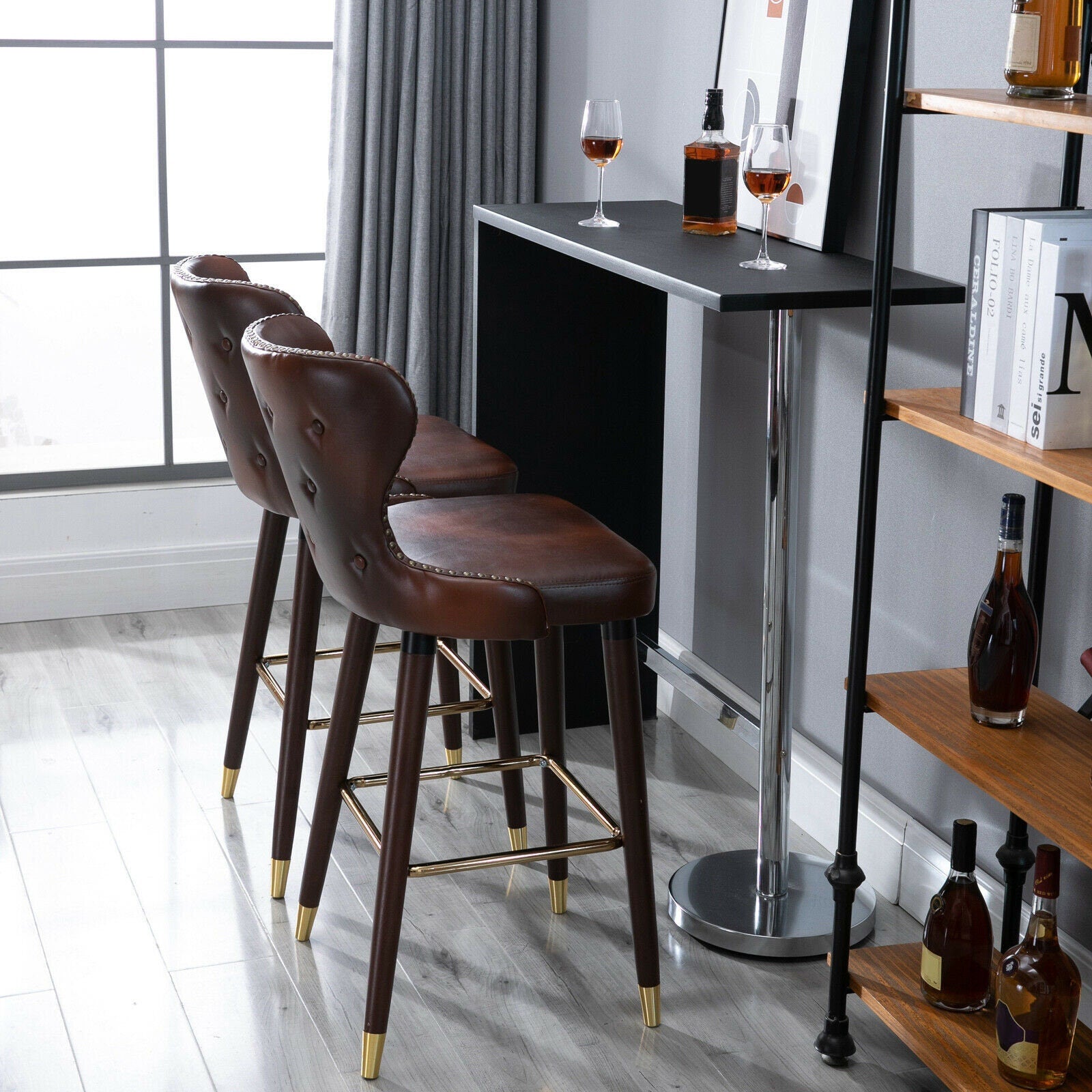 luxury brown leather bar chairs pub seats with gold feet