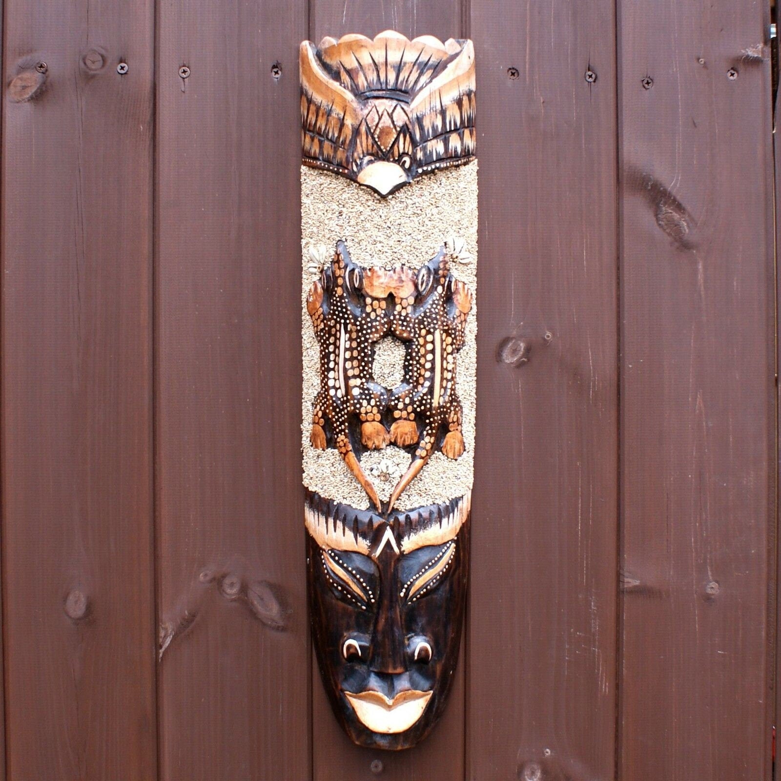 Bird and Iguana Tribal Wall Mask Wood Handcarved African Ethnic 50cm Garden Pub Bar Mens Gift.