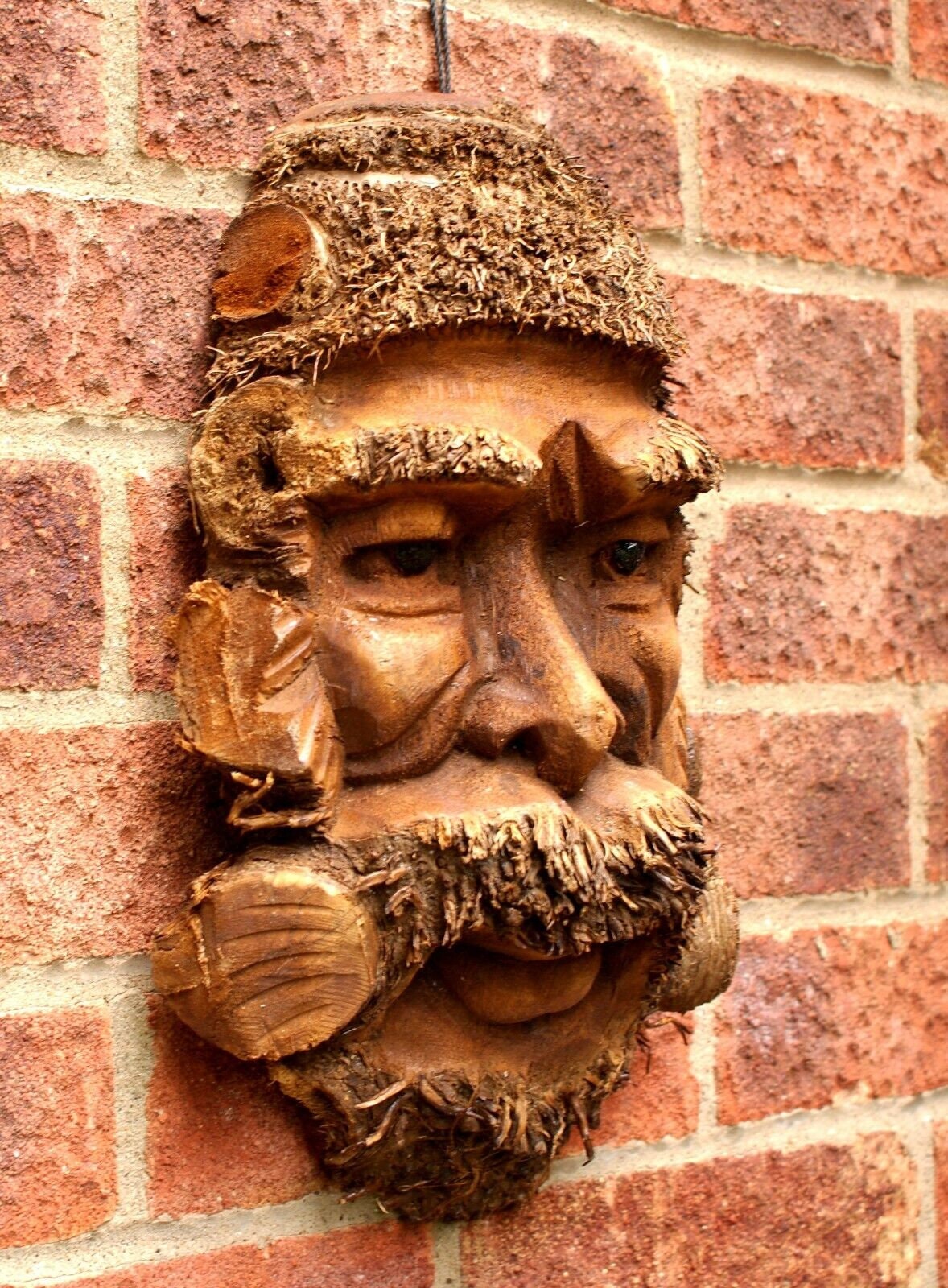 Large Bamboo Wall Hanging Mans Face Mask Handcarved Garden Bar Wooden Decoration.