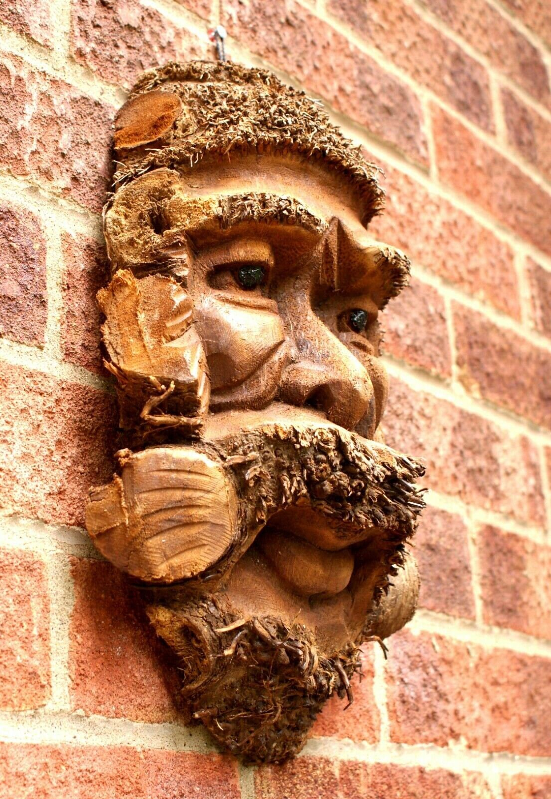 Large Bamboo Wall Hanging Mans Face Mask Handcarved Garden Bar Wooden Decoration.