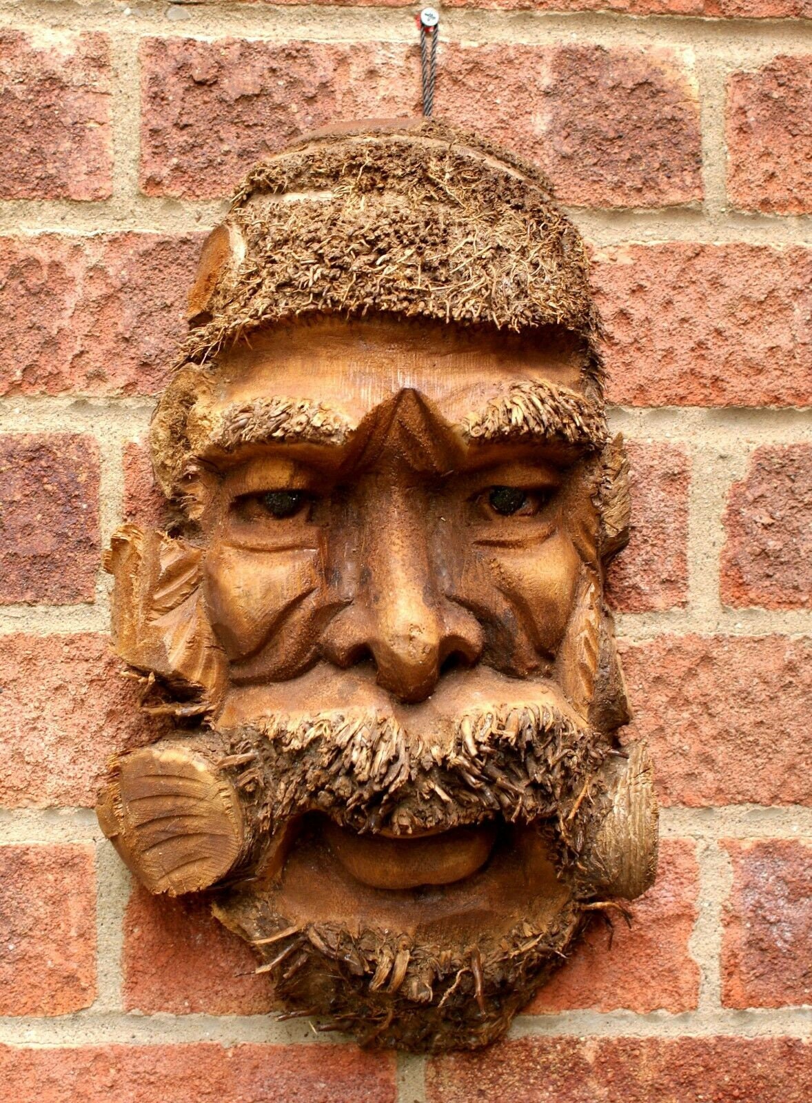 Large Bamboo Wall Hanging Mans Face Mask Handcarved Garden Bar Wooden Decoration.