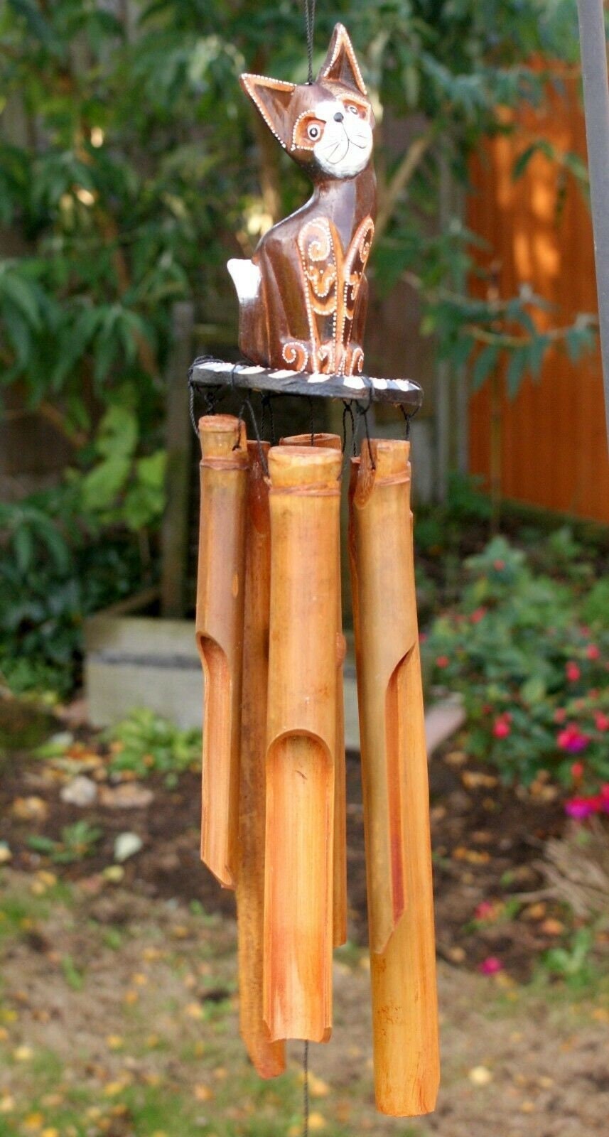 Large Cat Bamboo Wind Chime Hanging Outdoor Garden Bar Decor Birthday Gift Present.