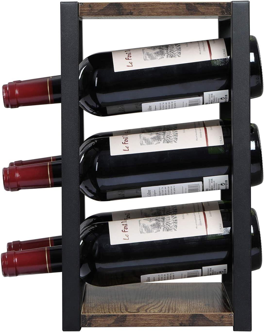 Vintage Industrial Style Retro Wooden Wine Rack for 6 Bottles, 3 Tier Free Standing Countertop Bottle Holder Storage Shelf for Kitchen,Man Cave, Home Bar,Garden 