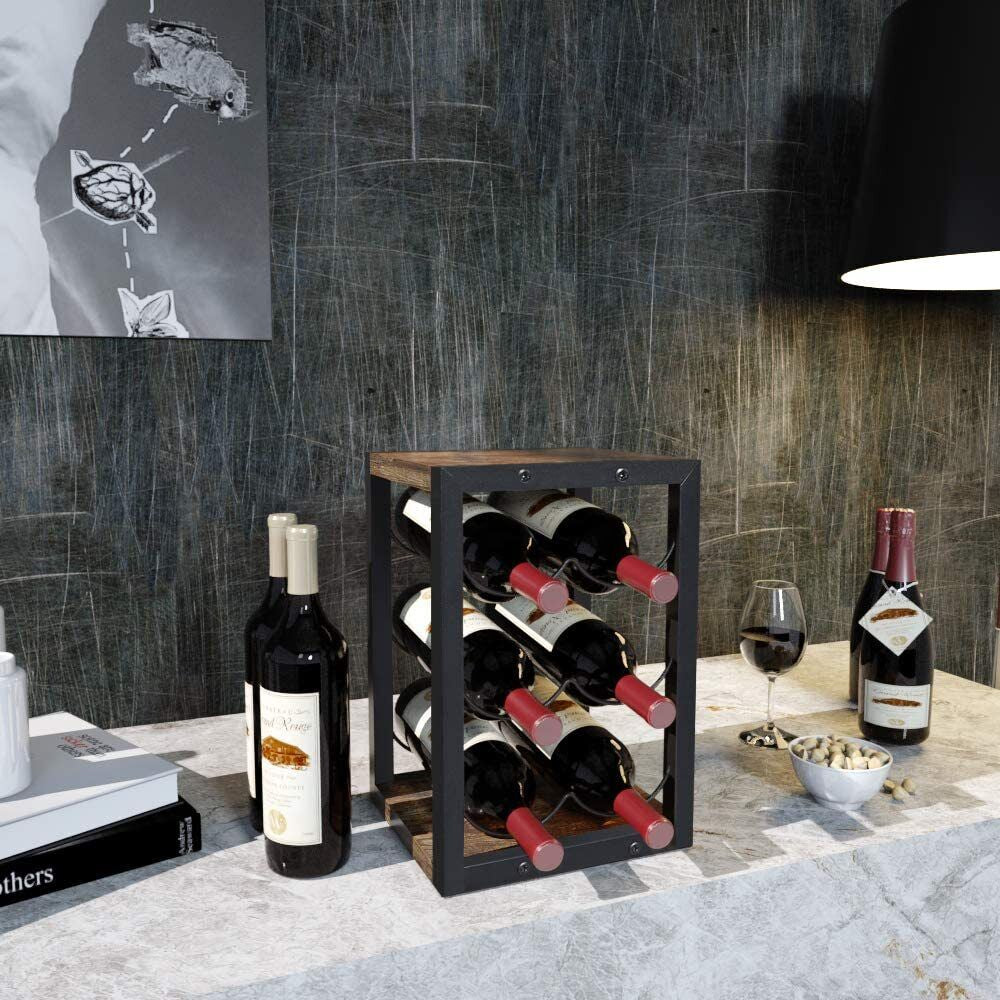 Vintage Industrial Style Retro Wooden Wine Rack for 6 Bottles, 3 Tier Free Standing Countertop Bottle Holder Storage Shelf for Kitchen,Man Cave, Home Bar,Garden 
