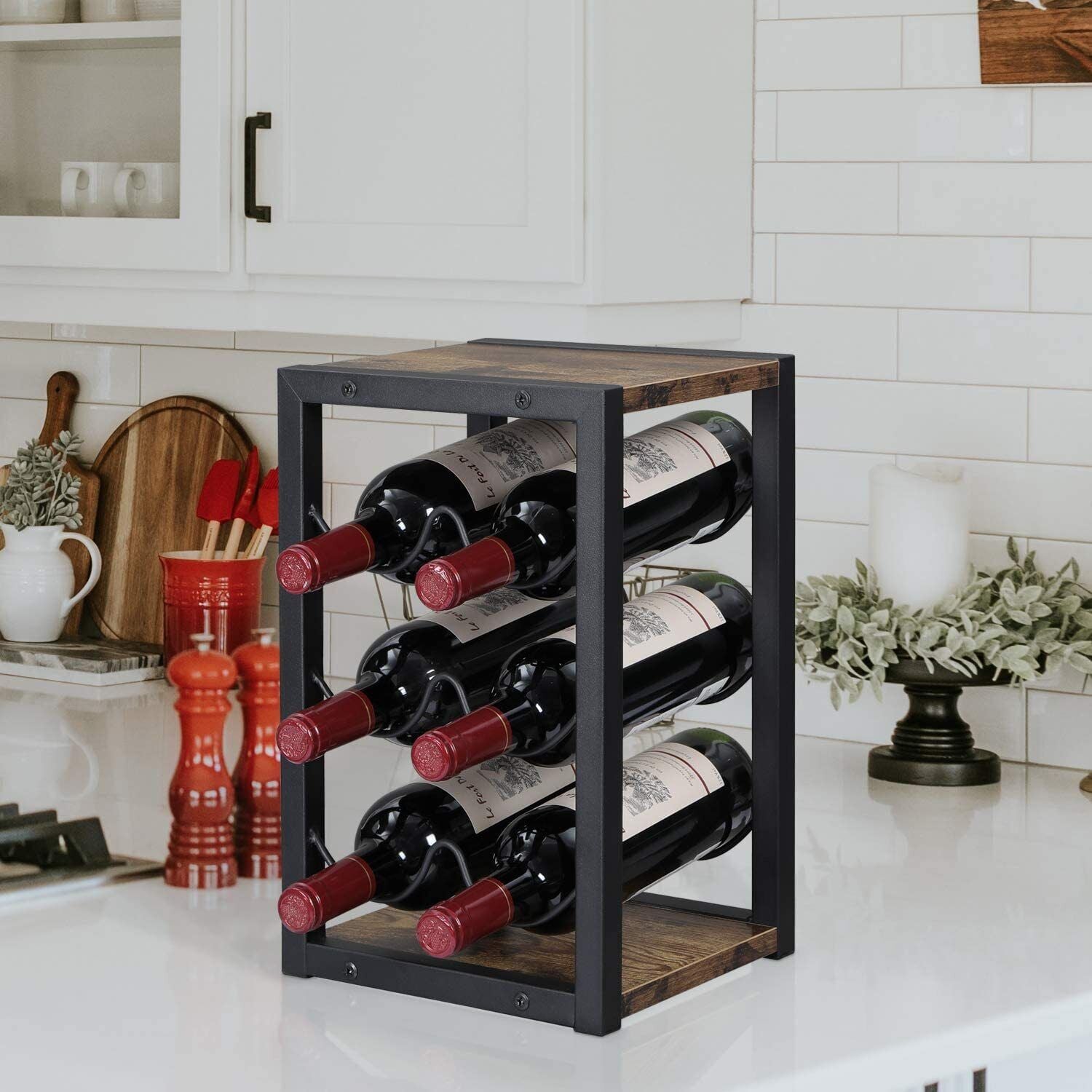 Vintage Industrial Style Retro Wooden Wine Rack for 6 Bottles, 3 Tier Free Standing Countertop Bottle Holder Storage Shelf for Kitchen,Man Cave, Home Bar,Garden 