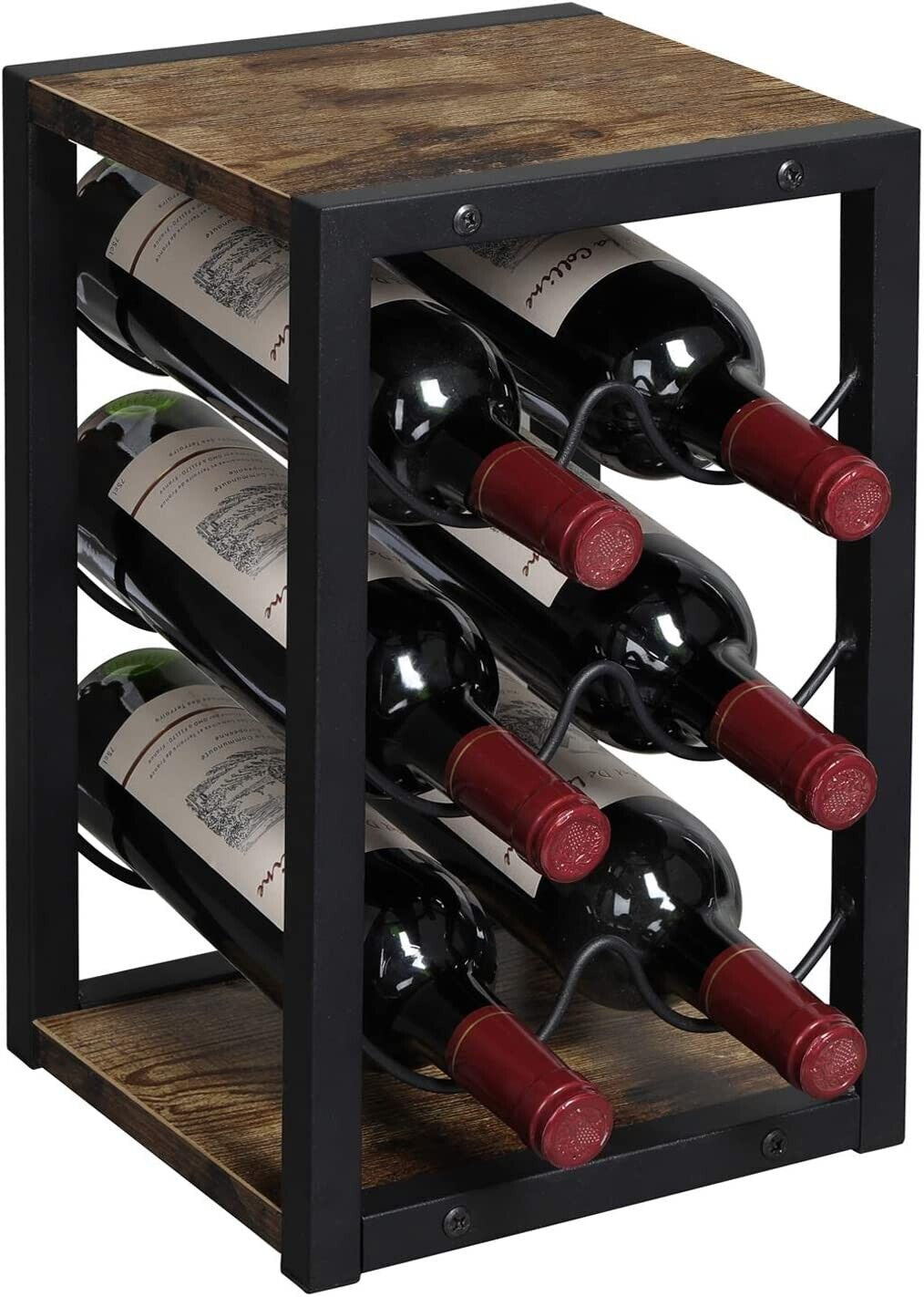 Vintage Industrial Style Retro Wooden Wine Rack for 6 Bottles, 3 Tier Free Standing Countertop Bottle Holder Storage Shelf for Kitchen,Man Cave, Home Bar,Garden 